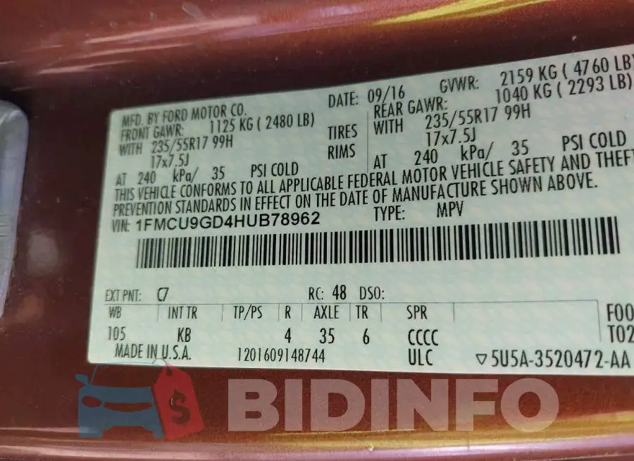 1FMCU9GD4HUB78962 Photo# 9