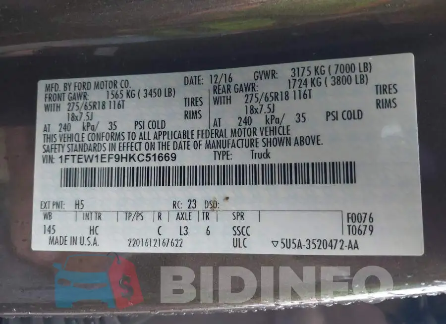 1FTEW1EF9HKC51669 Photo# 9