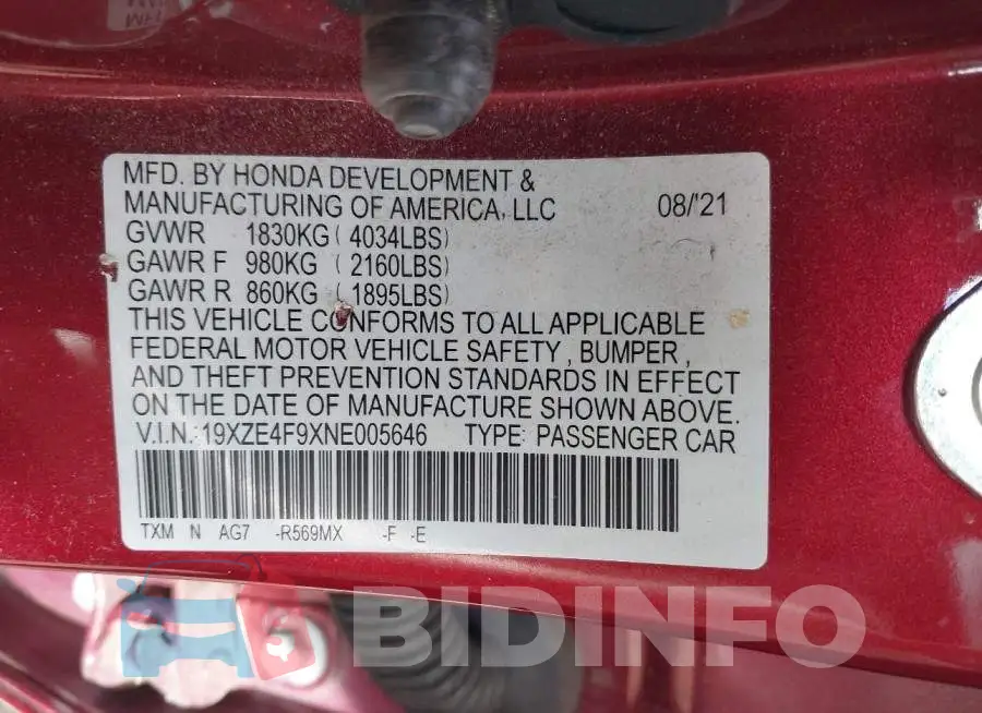 19XZE4F9XNE005646 Photo# 9