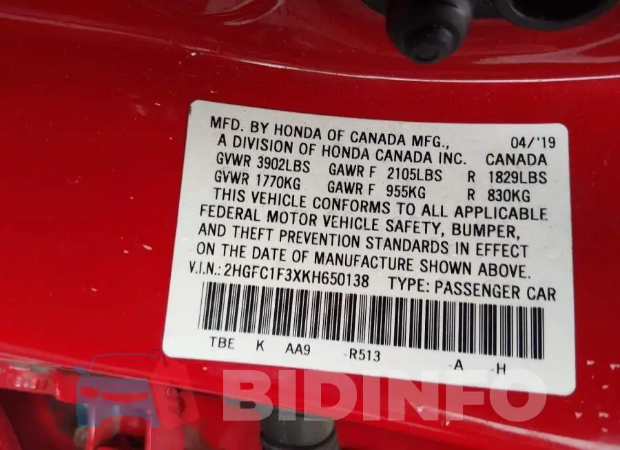 2HGFC1F3XKH650138 Photo# 9