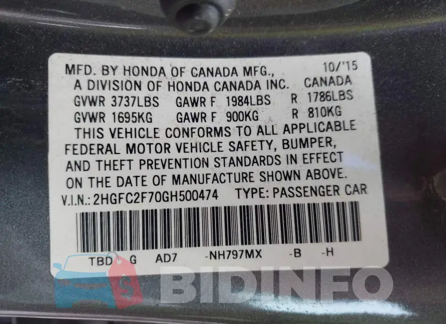 2HGFC2F70GH500474 Photo# 9