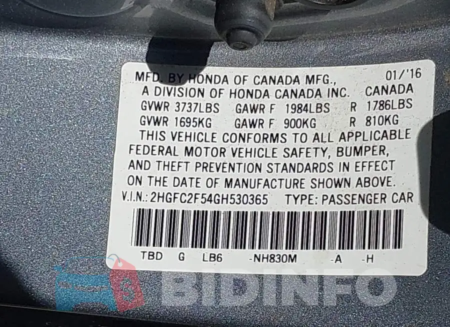 2HGFC2F54GH530365 Photo# 9