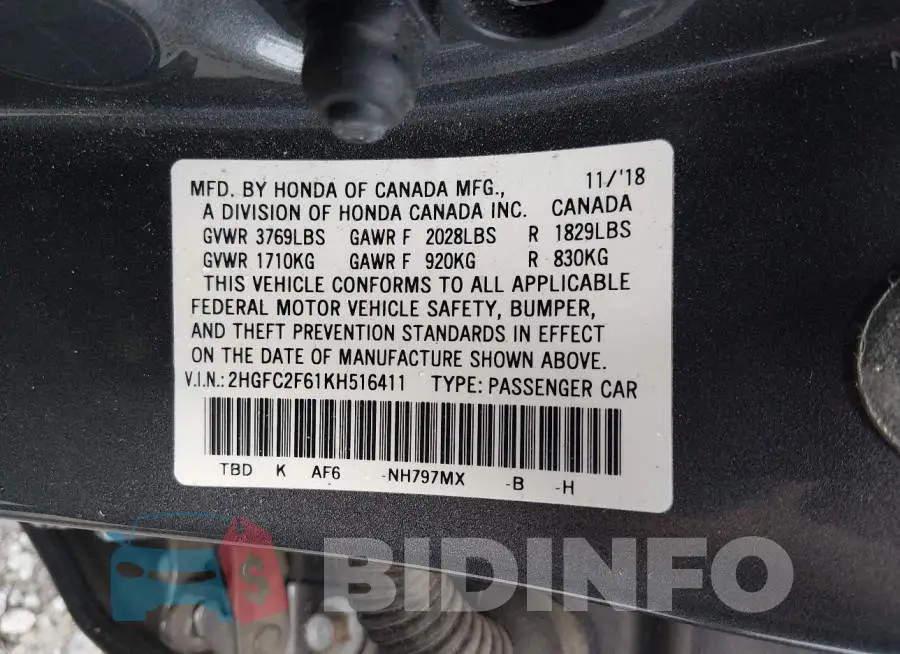 2HGFC2F61KH516411 Photo# 9