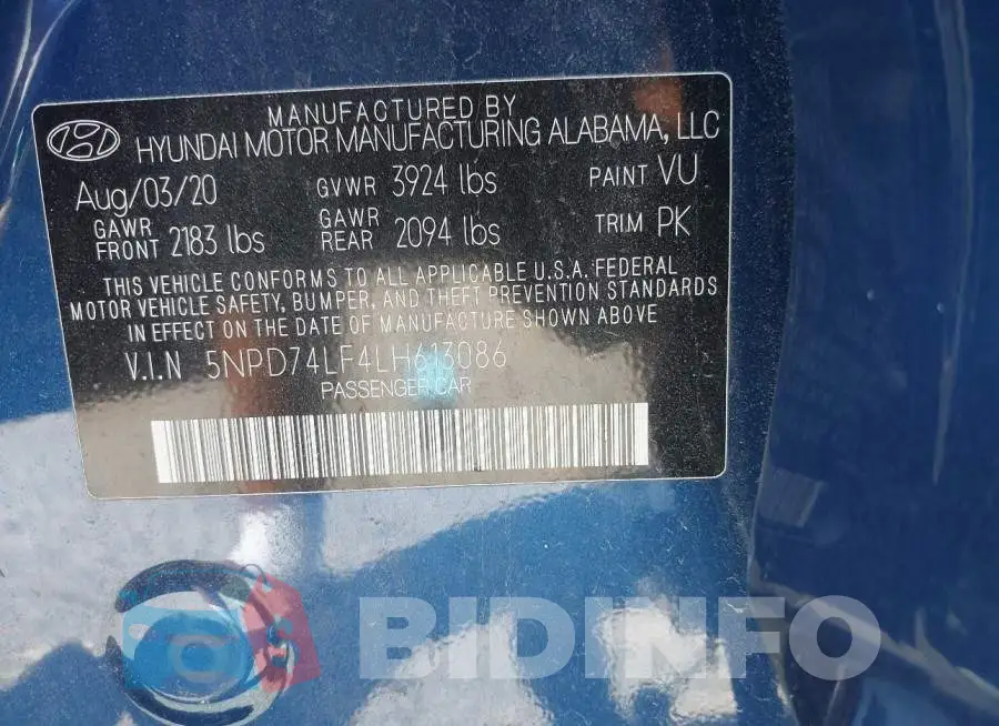 5NPD74LF4LH613086 Photo# 9