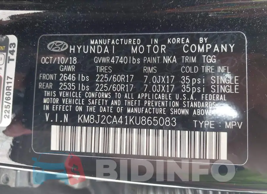 KM8J2CA41KU865083 Photo# 9