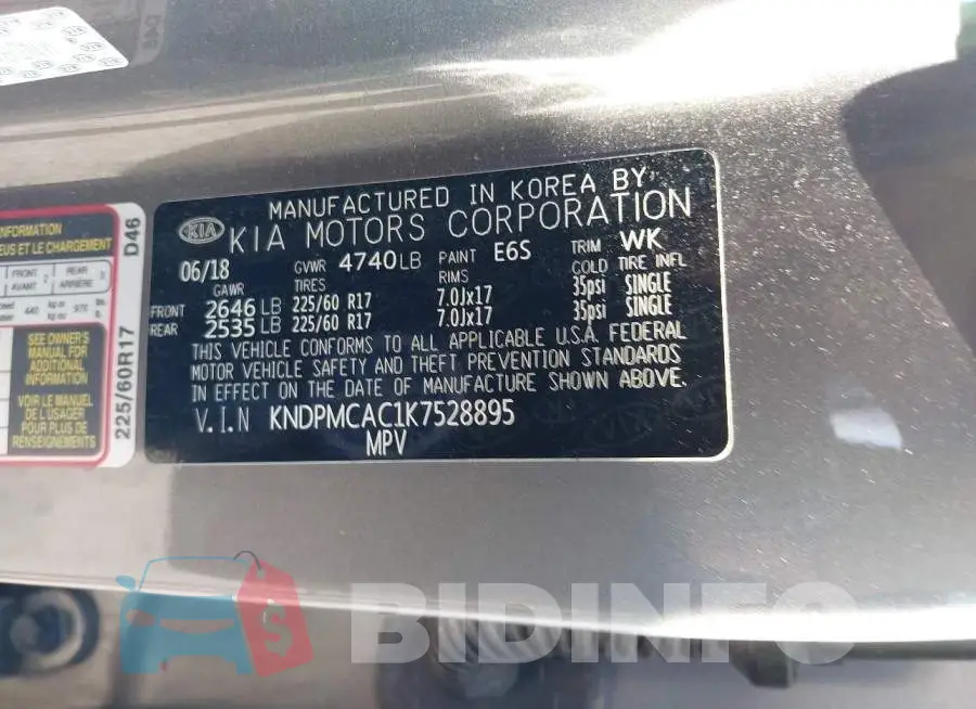 KNDPMCAC1K7528895 Photo# 9