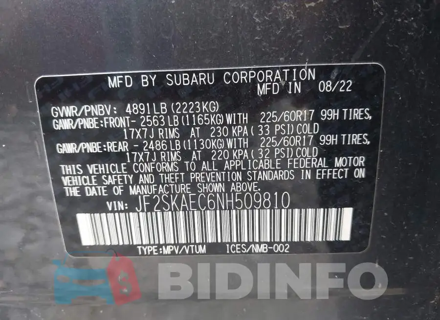 JF2SKAEC6NH509810 Photo# 9