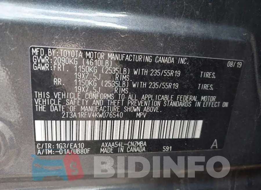 2T3A1RFV4KW076540 Photo# 9