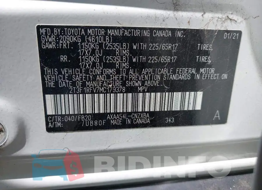 2T3F1RFV7MC179378 Photo# 9