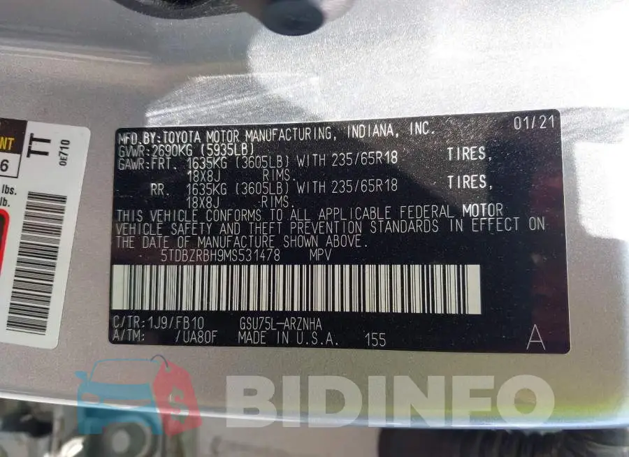 5TDBZRBH9MS531478 Photo# 9