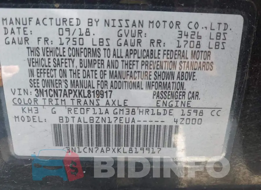 3N1CN7APXKL819917 Photo# 9