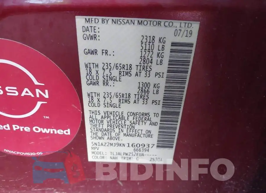 5N1AZ2MJ9KN160937 Photo# 9