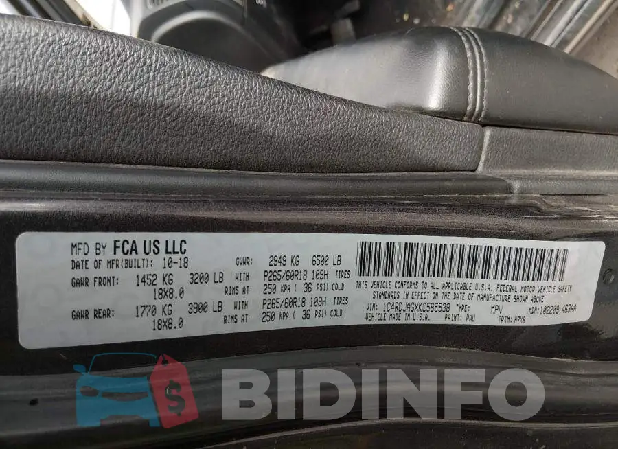 1C4RDJAGXKC585538 Photo# 9