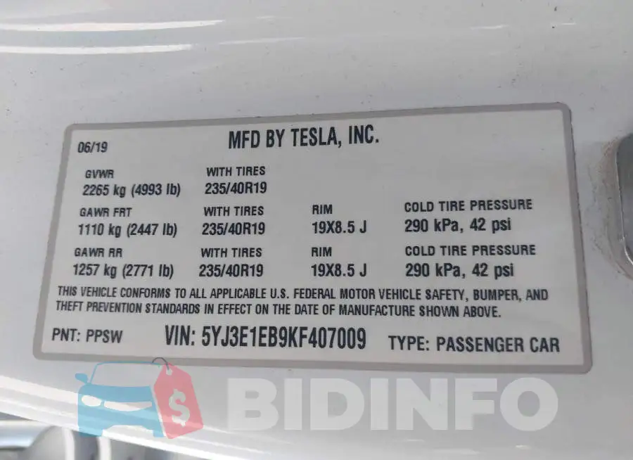5YJ3E1EB9KF407009 Photo# 9