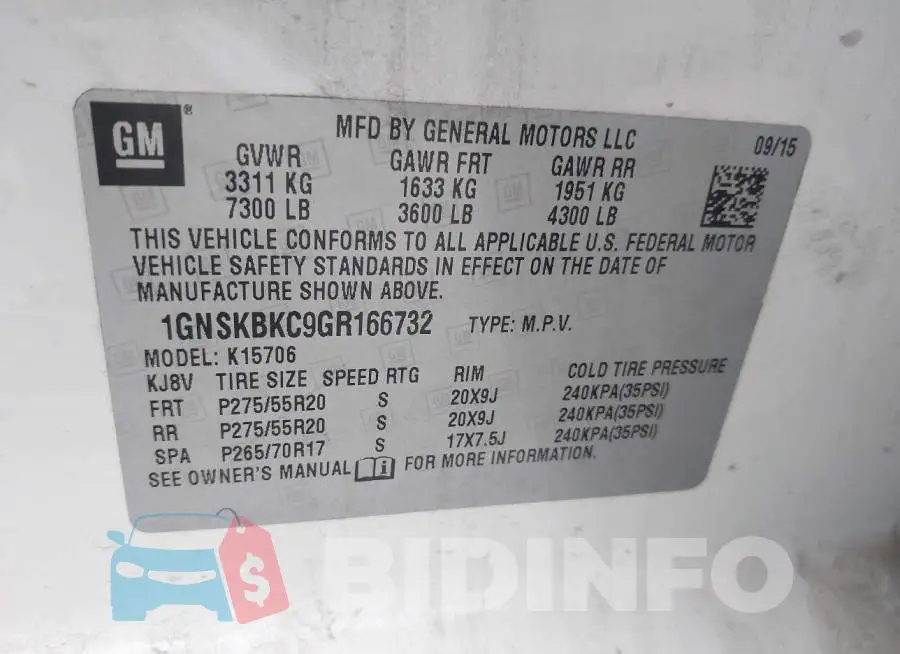 1GNSKBKC9GR166732 Photo# 9