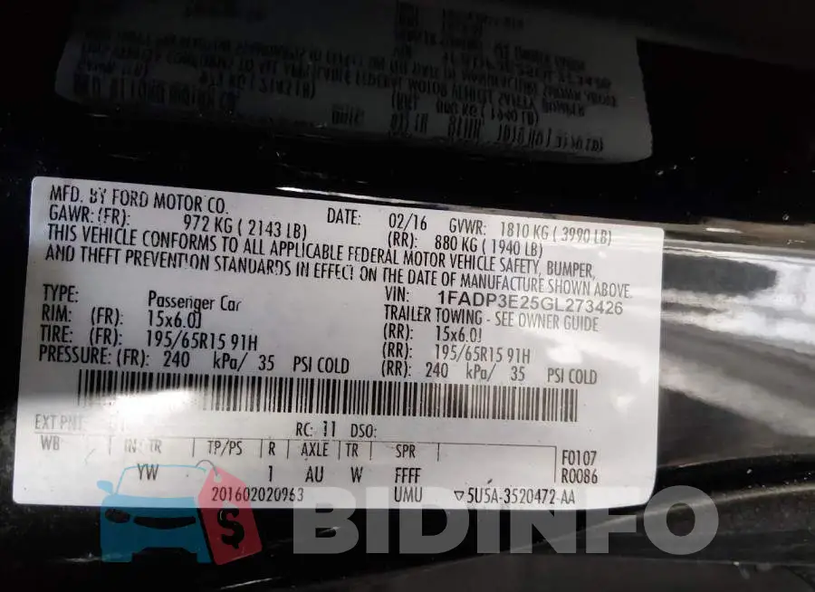 1FADP3E25GL273426 Photo# 9