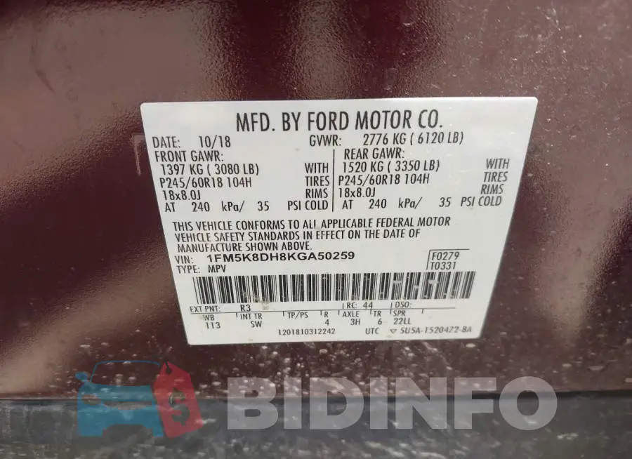 1FM5K8DH8KGA50259 Photo# 9