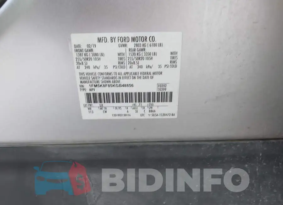 1FM5K8F85KGB48856 Photo# 9