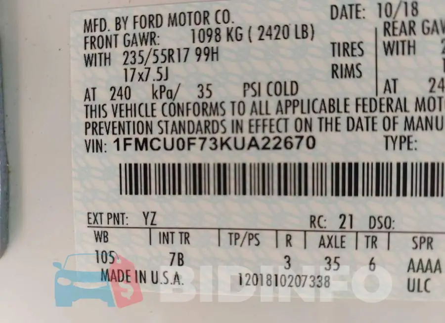 1FMCU0F73KUA22670 Photo# 9