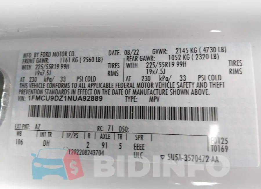 1FMCU9DZ1NUA92889 Photo# 9