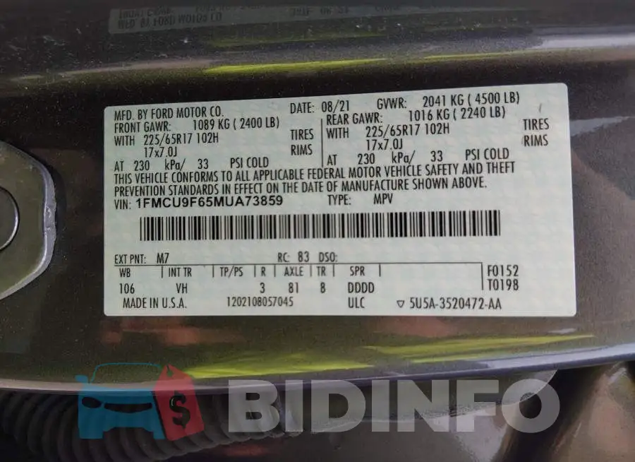 1FMCU9F65MUA73859 Photo# 9