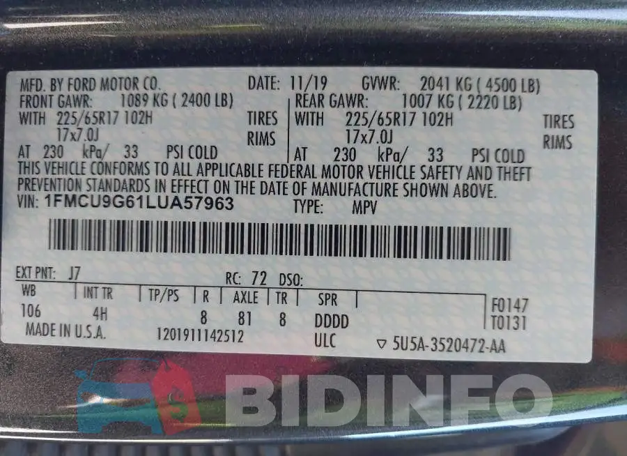 1FMCU9G61LUA57963 Photo# 9