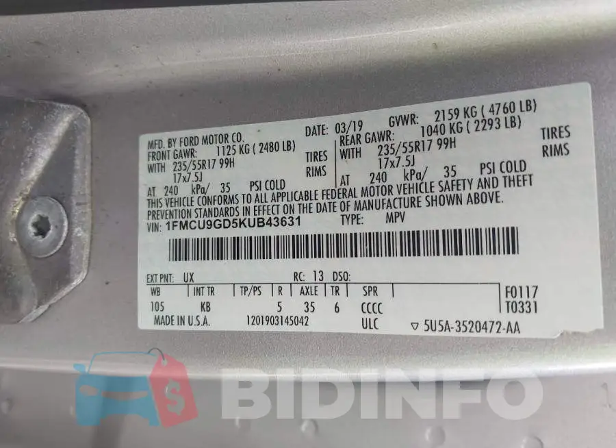 1FMCU9GD5KUB43631 Photo# 9