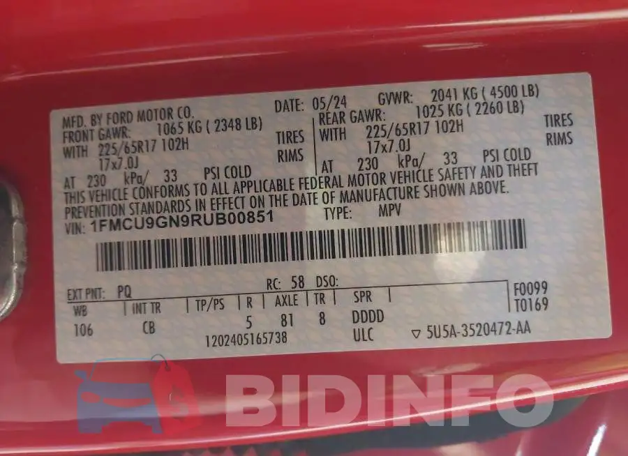 1FMCU9GN9RUB00851 Photo# 9