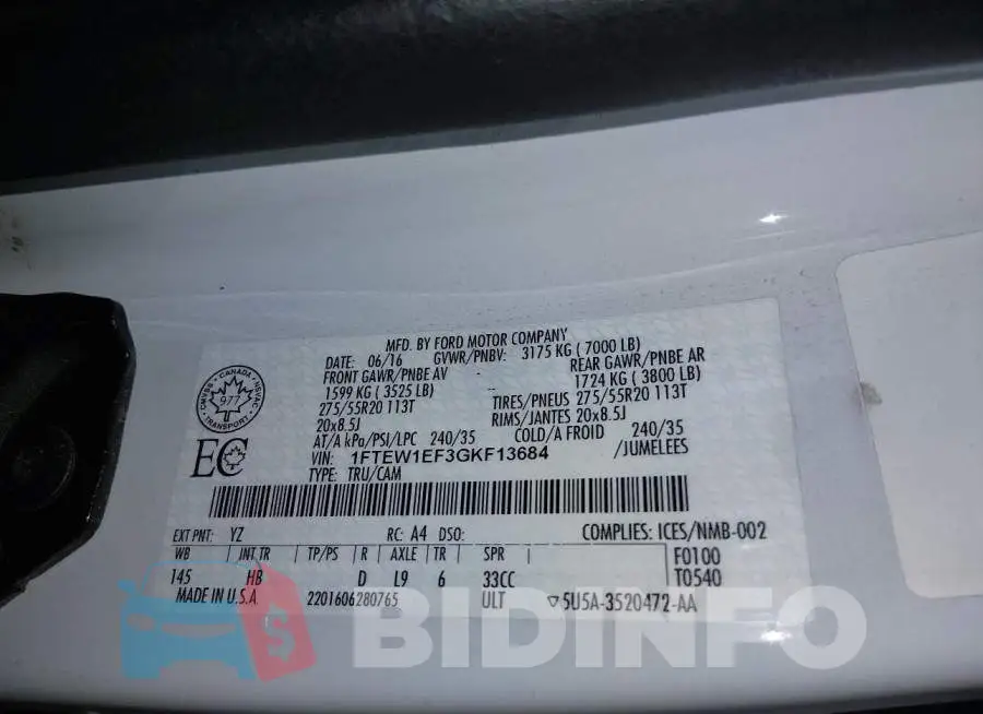 1FTEW1EF3GKF13684 Photo# 9