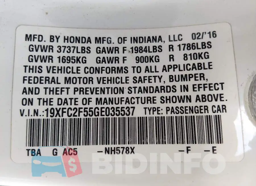 19XFC2F55GE035537 Photo# 9