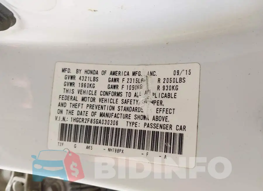 1HGCR2F85GA030306 Photo# 9