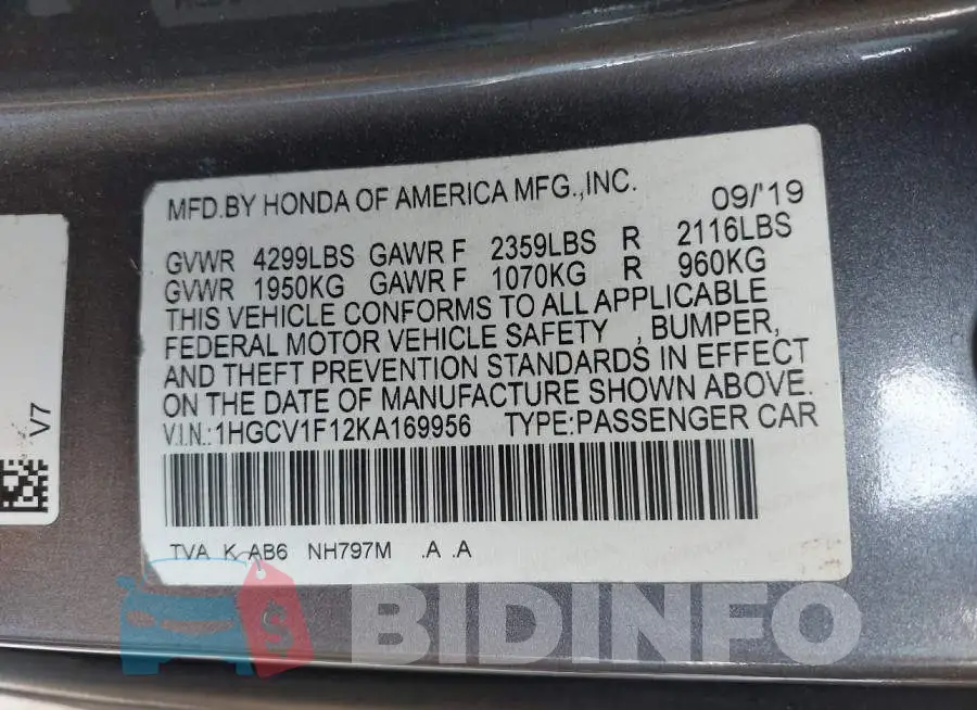 1HGCV1F12KA169956 Photo# 9