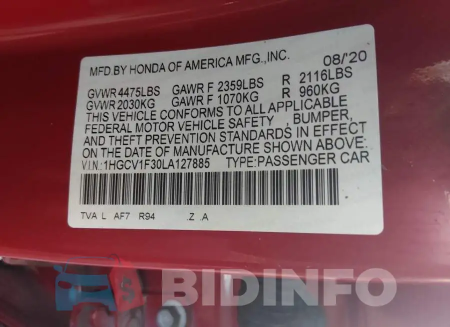1HGCV1F30LA127885 Photo# 9
