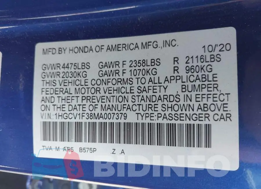 1HGCV1F38MA007379 Photo# 9