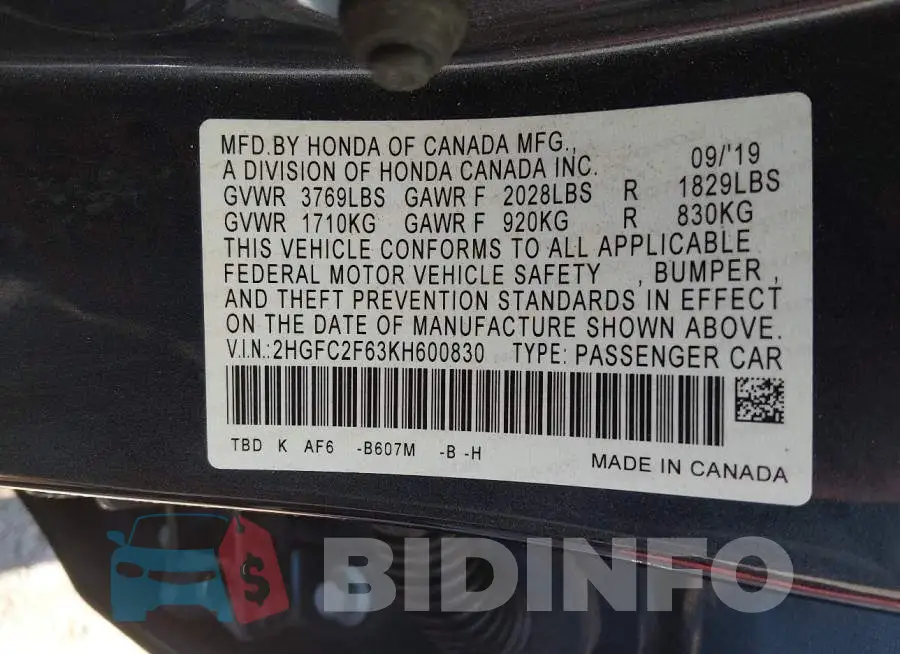 2HGFC2F63KH600830 Photo# 9
