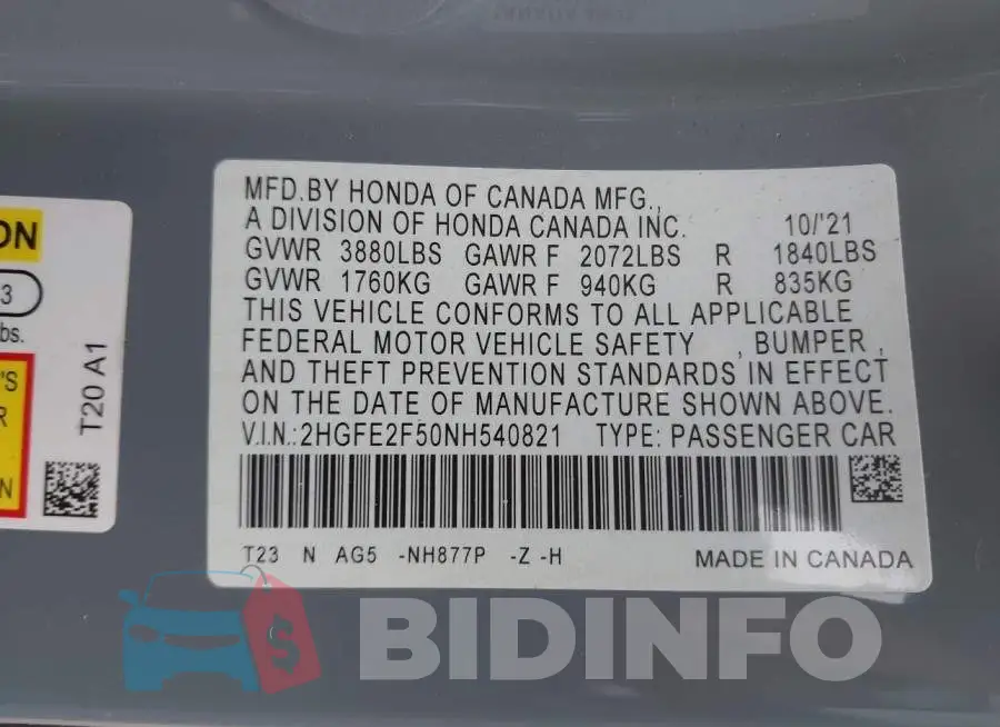 2HGFE2F50NH540821 Photo# 9