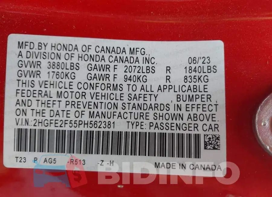 2HGFE2F55PH562381 Photo# 9