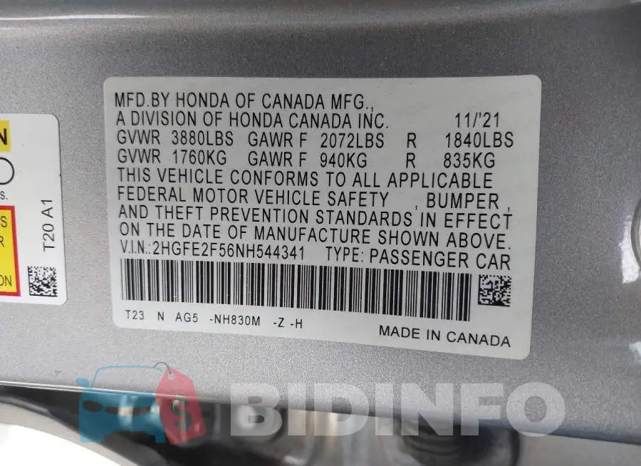2HGFE2F56NH544341 Photo# 9