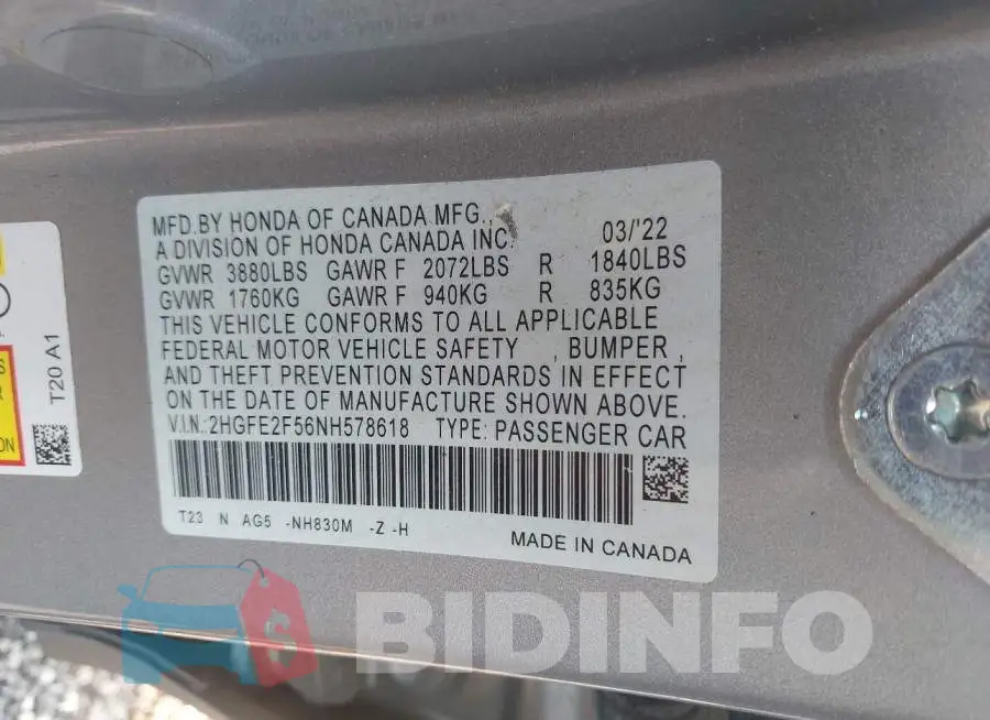 2HGFE2F56NH578618 Photo# 9