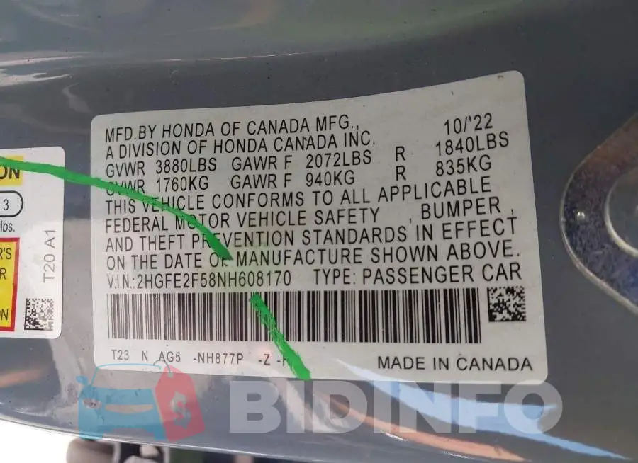 2HGFE2F58NH608170 Photo# 9
