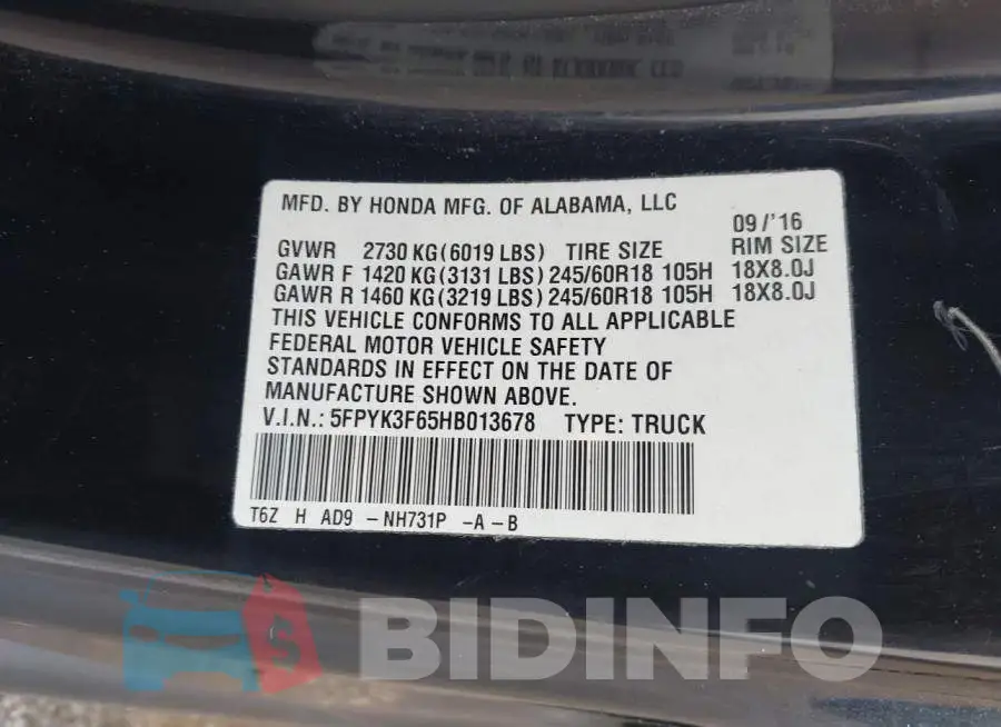 5FPYK3F65HB013678 Photo# 9