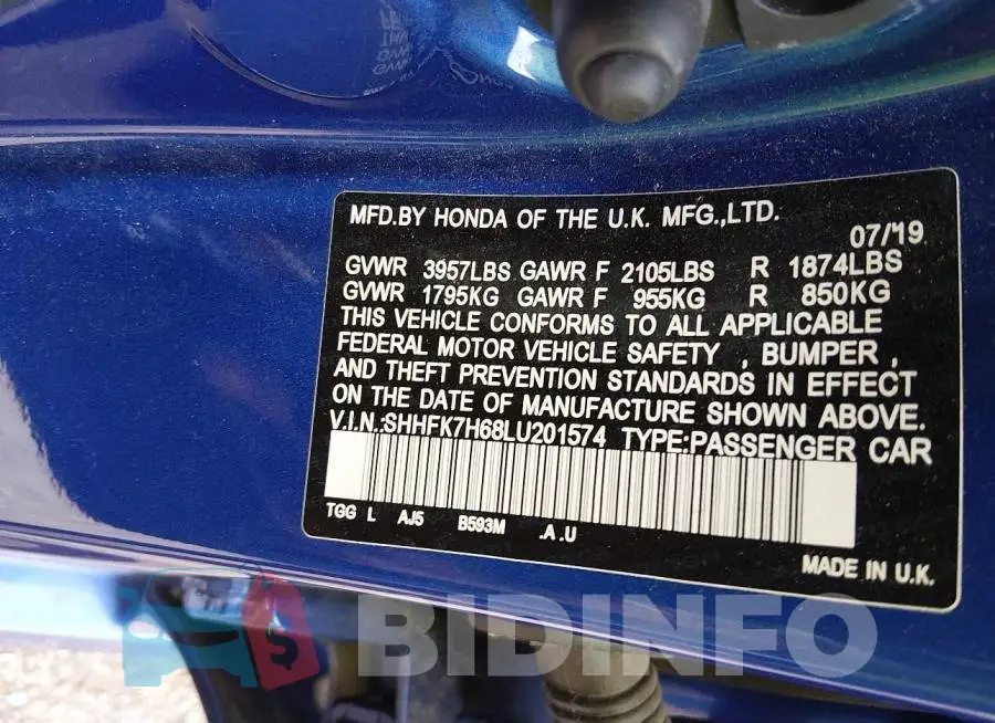 SHHFK7H68LU201574 Photo# 9
