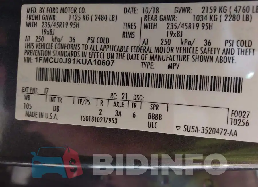 1FMCU0J91KUA10607 Photo# 9