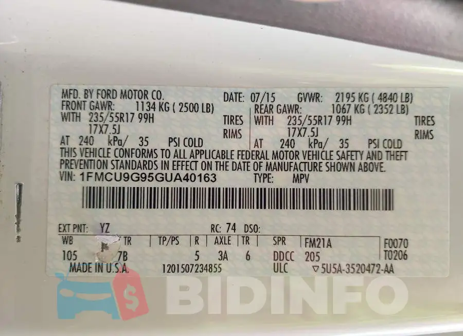 1FMCU9G95GUA40163 Photo# 9