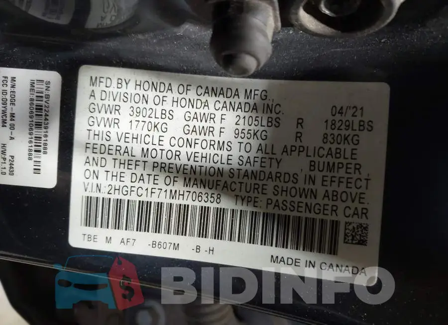 2HGFC1F71MH706358 Photo# 9