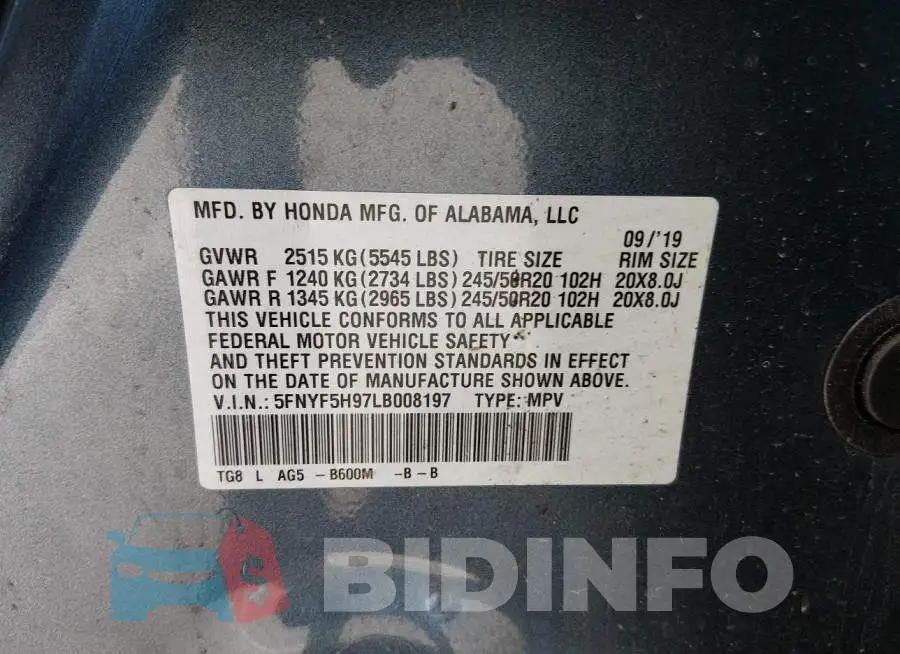 5FNYF5H97LB008197 Photo# 9