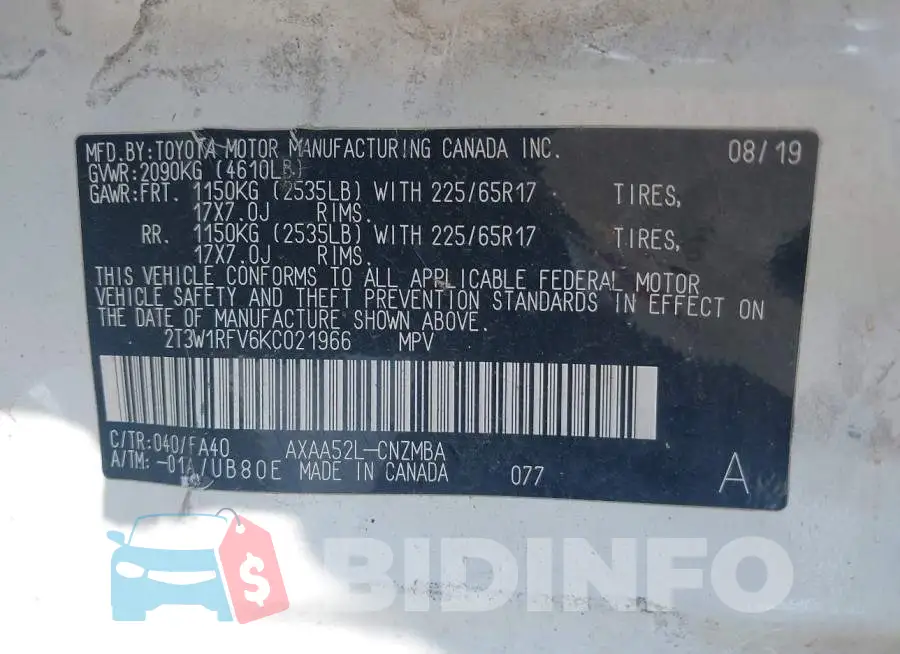 2T3W1RFV6KC021966 Photo# 9
