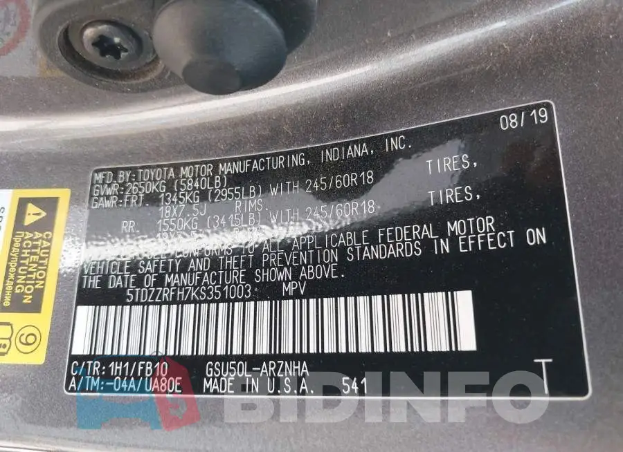 5TDZZRFH7KS351003 Photo# 9