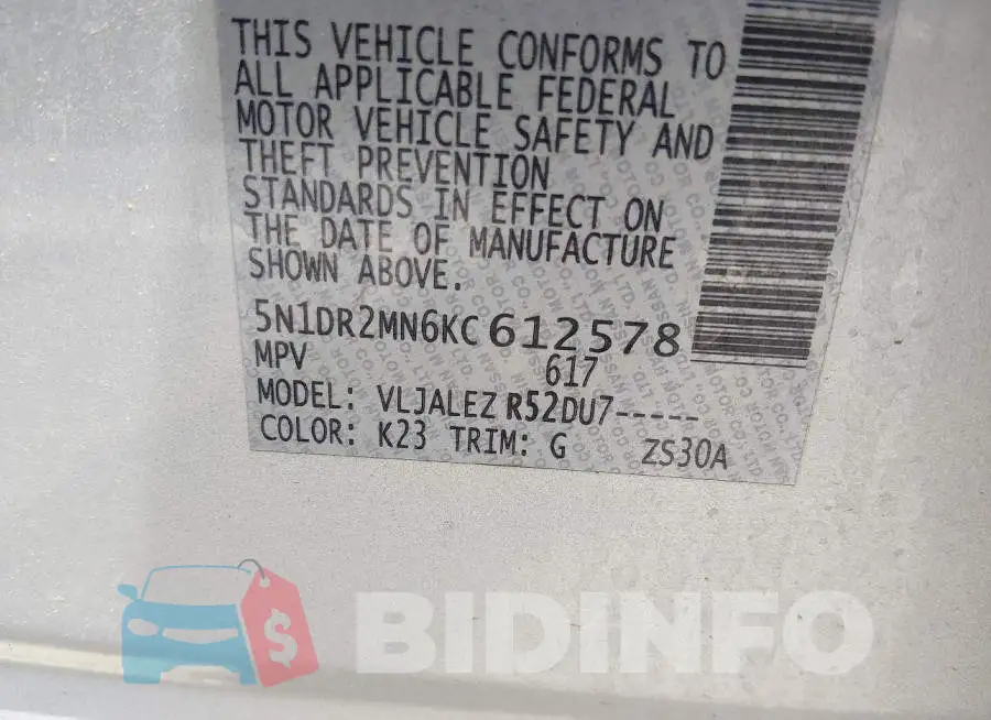 5N1DR2MN6KC612578 Photo# 9