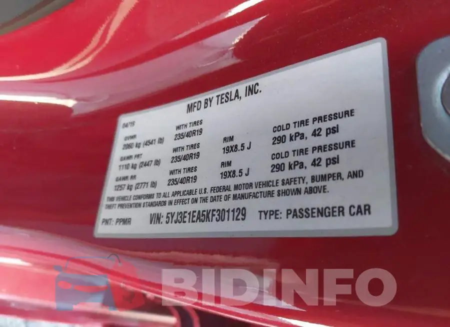 5YJ3E1EA5KF301129 Photo# 9